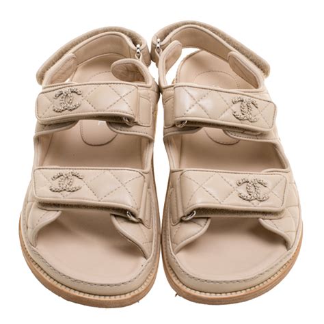 chanel beige quilted leather cc velcro flat sandals|Chanel boutique sandals.